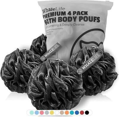 WhaleLife Loofah Bath Sponges - Black Gentle Exfoliating Shower Loofah for Rich Lather, Durable Mesh Body Scrubber for Men & Women 4 Pack