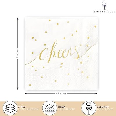 White and Gold Cocktail Napkins - Pack of 50 Disposable Bar Napkins - Wedding Baby Shower Birthday Graduation Dessert - 3 Ply - By Simple-Glee