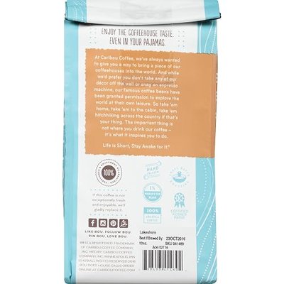 Caribou Coffee Lakeshore Blend, Medium Roast Ground Coffee, 12 Ounce Bag Smooth and Fresh Coffee from Guatemala, El Salvador & East Africa with Delicate Citrus Notes & Silky Body; Sustainably Sourced