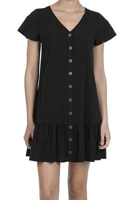 Women's Short Sleeve V-Neck Ruffle Hem Button Design Tunic Dress