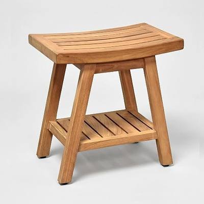 Asta Saba Solid Teak Indoor Outdoor Shower/Bath/Spa Stool Bench with Bottom Shelf, Fully Assembled, TB-115A