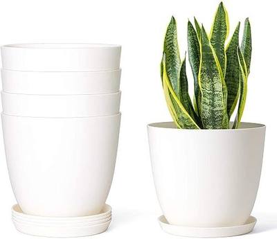 Mkono 6.5" Plastic Planters with Saucers, Indoor Set of 5 Flower Plant Pots with Drainage for All House Plants, Herbs, Foliage Plant, and Seeding Nursery, Cream White