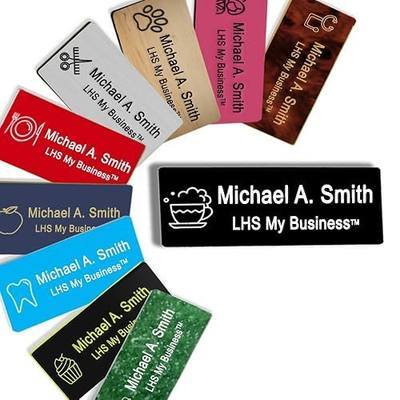 Name Badges Magnetic Backs - Custom Engraved Black Plastic Nametag with White Lettering Personalized - B2