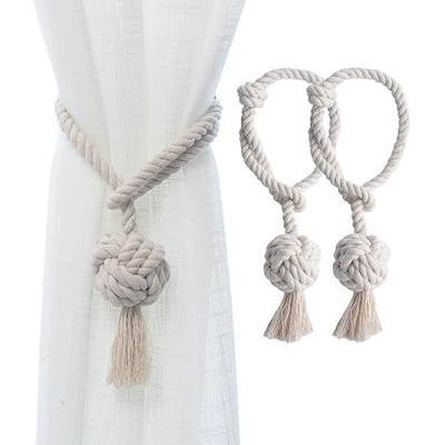 2 Pack Rustic Curtain Tiebacks - Outdoor Curtain Drapery Holdbacks Holders - Decorative Hand Knitting Drape Cotton Tie Backs Rope for Sheer and Blackout Curtain (Set of 2, Beige)