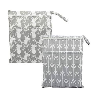 2 Wet Bags Reusable Diaper Nappy Waterproof With Two Zippered Pockets (Gray Arrow and Deer Heads)