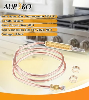 Aupoko Thermocouple for Gas Fireplace Patio Heater Thermocouple 24" Length, M8x1 End Nut and Head Tip Fit for BBQ Grill or Fire Pit Heater or Gas Water Heater