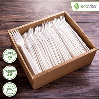 100% Compostable Forks - 140 Large Disposable Utensils (7 in.) Eco Friendly Durable and Heat Resistant Alternative to Plastic Forks with Convenient Tray by Ecovita