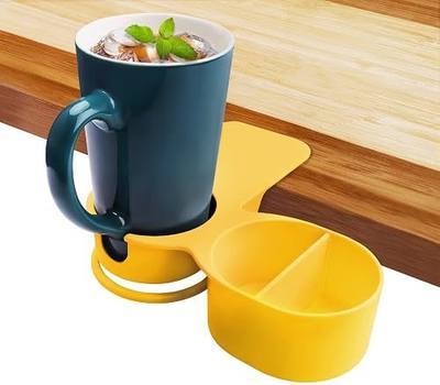 Kalolary Drinking Cup Holder Clip, New Type Chair and Table Bottle Cup Clip The DIY Glass Clamp Water Coffee Mug Holder Clip with Extra Storage Tray Design for Home & Office, Yellow