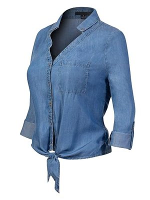 Design by Olivia Women's 3/4 Roll Up Sleeve Button Down Front Tie Knot Chambray Denim Shirt Medium Denim L