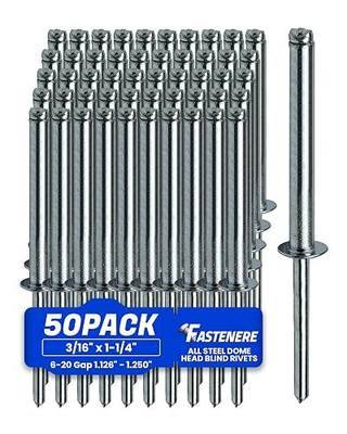 Fastenere Pop Rivets 3/16" x 1-1/4" (50 pcs) Aluminum Body Steel Mandrel, Heavy Duty, Open End, Low Carbon, Dome Head Blind Rivets, Corrosion Resistant & High Shear Strength, 6-20 Gap 1.126" - 1.250"
