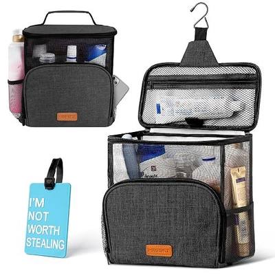 Hanging Toiletry Bag, Shower Caddy Tote Bag (Updated Version, Full Size Bottle Compatible), Bath Organizer for College Dorms, Gym, Camp, Women Men, with Funny Luggage Tag