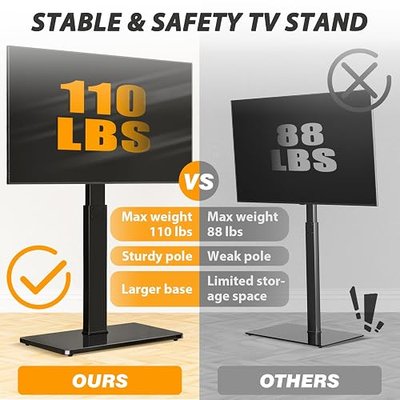 TAVR Swivel Floor TV Stand Base for 32-75 Inch TVs up to 110 lbs | Tall TV Stand for Bedroom with Height Adjustment and Tempered Glass Base for Media Storage, Max VESA 400x400mm, Black