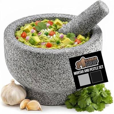 GORILLA GRIP 100% Natural Granite Stone Mortar and Pestle Set, 2 Cup, Non-Scratch Base, Heavy Duty Unpolished Molcajete Guacamole Salsa Bowl, Grind Seeds, Herbs, Pills, Kitchen Lab Muddler, Gray