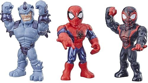 Playskool Heroes Mega Mighties Marvel Super Hero Adventures Web Warriors 3 Pack, Spider-Man, Kid Arachnid, Marvel’s Rhino, 10" Figures, Kids Ages 3 & Up