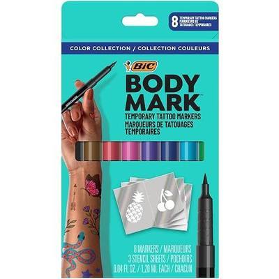BodyMark Temporary Tattoo Markers, 8-Count Color Collection, Skin-Safe & Cosmetic Quality, Cruelty-Free, Long-Lasting, Flexible Brush Tip, Stencils Included