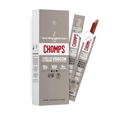 Chomps Grass-Fed & Finished Salt & Pepper Venison Jerky Meat Snack Sticks 10-Pack - Keto, Paleo, Low Carb, Whole30 Approved, 10g Lean Meat Protein, Gluten Free, Zero Sugar Food
