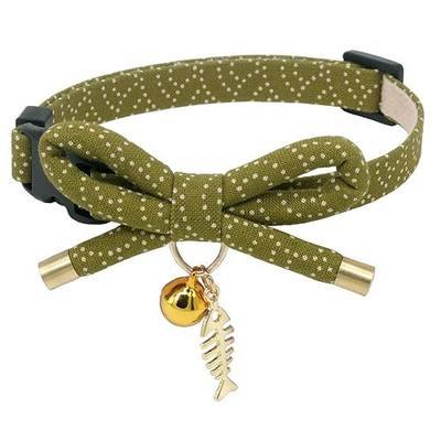 Cute Bowtie Cat Collar with Bell. Japanese Stylish Bowknot & Fish Charm. Safety Breakaway, Soft, Lightweight, for Girl Boy Male Female Cats Kitten,Green