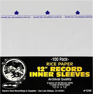 (100) 12 Inch Record Inner Sleeves - 3-Layers of Archival Quality, Anti-Static HDPE with Rice Paper Enclosed Insert for Extra Rigidity #12IM