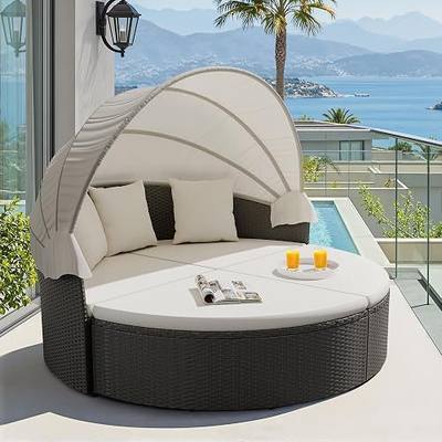 Devoko Patio Furniture Outdoor Round Daybed,Sectional Sofa | with Retractable Canopy Wicker Rattan Separated Seating for Patio Lawn Garden Backyard Porch
