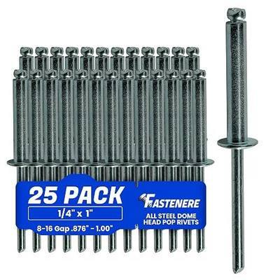Fastenere Pop Rivets - 1/4" x 1" (25 pcs) Heavy Duty, Open-End, Low Carbon Steel, Dome-Head Blind Rivets, Corrosion-Resistant & High Shear Strength, 8-16 Gap 0.876"-1.00"