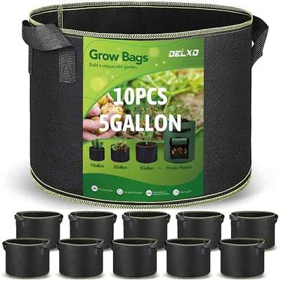 Delxo Garden Grow Bags 10-Pack 5 Gallon Heavy Duty Non-Woven Plant Growing Bags with Handles Fabric Pots Breathable Drainage Planters for Planting Vegetables, Flower, Fruits (Black)