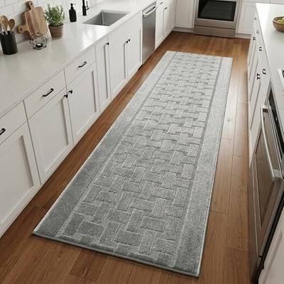 Runner Rug 10 ft, Non-Slip Washable Rug, Grey Textured Carpet for Kitchen Hallway Laundry Entryway, Rubber Backing, Indoor, Rolled in Box (26" x 10'), Custom Length Floor Runner