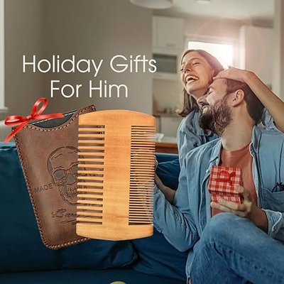 Wooden Beard Comb & Durable Case for Men with Sexy Beard, Fine & Coarse Teeth, Pocket Comb for Beards & Mustaches,Brown Skull Design