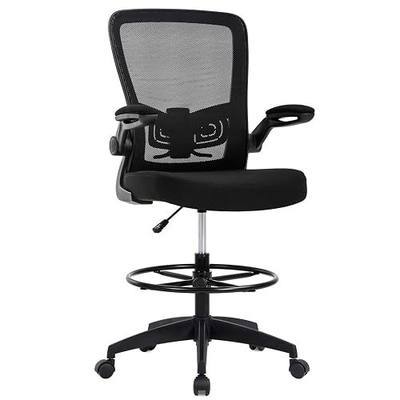 BestOffice Drafting Chair Tall Office Chair Adjustable Height with Lumbar Support Flip Up Arms Footrest Mid Back Task Mesh Desk Chair Computer Chair Drafting Stool for Standing Desk, Black