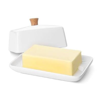 Flexzion Ceramic White European Butter Dish with Lid for Countertop (Large) - Wide 2 Stick Double Butter Holder for Counter, Cream Cheese Container Storage Keeper | Wide 2-stick European butter keeper with covered tray and wooden knob for easy countertop serving and storage