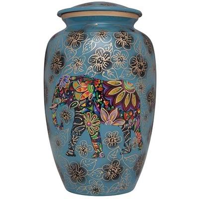 Blue Funeral urn with Elephant - Floral Spiritual Indian Design - Cremation Urn for Human Ashes - Aluminum -Suitable for Cemetery Burial or Niche - Large Size fits Remains of Adults up to 200 lbs