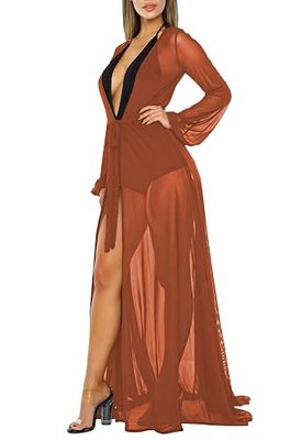 Women's Sexy Thin Mesh Long Sleeve Tie Front Swimsuit Swim Beach Maxi Cover Up Dress