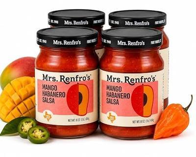 Mrs. Renfro's Mango Habanero Salsa, 16 oz Jars (Pack of 4) – Gluten Free Sweet & Spicy Gourmet Salsa with Mango & Habanero Peppers – Texas-Style Salsa for Tortilla Chips, Tacos, Grilled Chicken, Fish & Tex-Mex Recipes