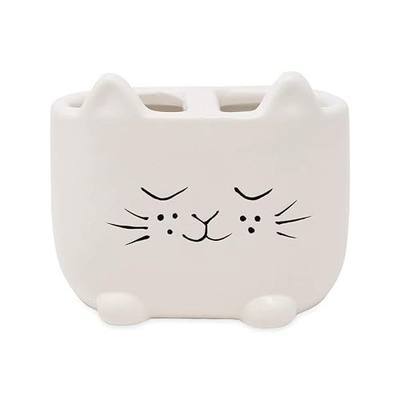 Isaac Jacobs White Ceramic Cat Makeup Brush Holder, Multi-Purpose 2-Section Organizer. Bathroom, Kitchen, Bedroom, Office Décor (2-Section Cup, Pastel White)