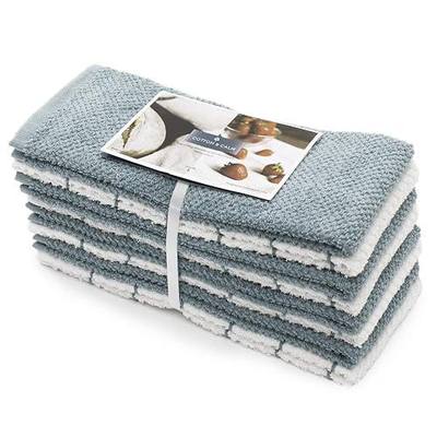 Cotton & Calm Exquisitely Absorbent Kitchen Towels Dish Cloths (8 Pack, 15" x 25"), 4 White with Teal Stripes & 4 Teal 100% Cotton Dish Towels, Bar Towels- Crafted for Home, Restaurant, Bar Use