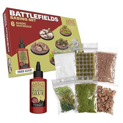 The Army Painter, Battlefields Basing Set | Kit modellismo con colla PVA 50 ml, 35 ciuffi verdi e 1 scatola d'erba, per terreni e miniature Warhammer