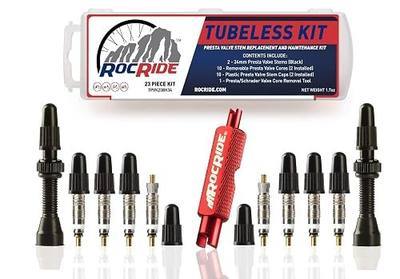 RocRide Tubeless Presta Valve Stem Kit for Bikes. Presta Valve Stems, Cores and Removal Tool.