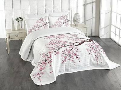 Ambesonne Japanese Bedspread, Branch of a Flourishing Sakura Tree Flowers Cherry Blossoms Spring Theme Art, Decorative Quilted 3 Piece Coverlet Set with 2 Pillow Shams, Queen Size, Dark Brown