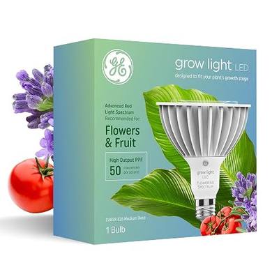 GE Grow LED Light Bulb, PAR38 Flood Light, Indoor LED Grow Lights for Flowers and Fruit, Advanced Red Light Spectrum, 25,000 Hour Lifespan, 50 PPF, 1 Pack (Packaging May Vary) | For Flowers & Fruit, Advanced Red Light Spectrum, 25, 000 Hour Lifespan, 50 PPF, Packaging May Vary