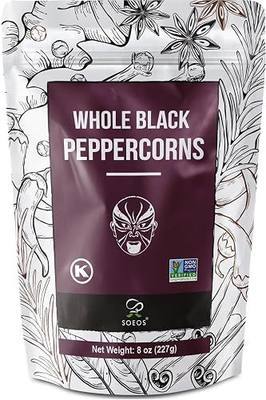 Soeos Black Peppercorns, 8oz (Pack of 1), Non-GMO, Kosher, Packed to Keep Peppers Fresh, Peppercorn for Grinder Refill, Whole Peppercorns