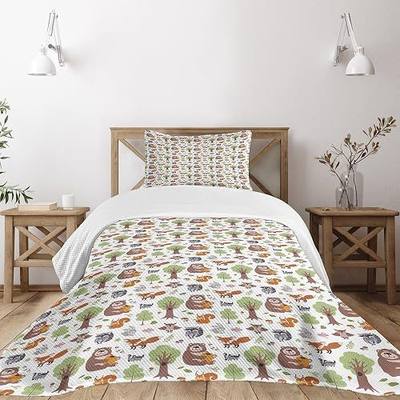 Ambesonne Forest Bedspread Set, Doodle Woodland Creatures as Honey Bear Rabbit Fox and Raccoon in Nature Habitat, 3 Piece Decorative Bedding Coverlet and 2 Pillow Shams, Twin Size, Mint Pink