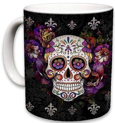 Sweet Gisele Sugar Skull Ceramic Mug, Floral Print Coffee Cup, Day of the Dead Design, Beautiful Vivid Colors, Great Novelty Gifts 11 Fl. Oz Black