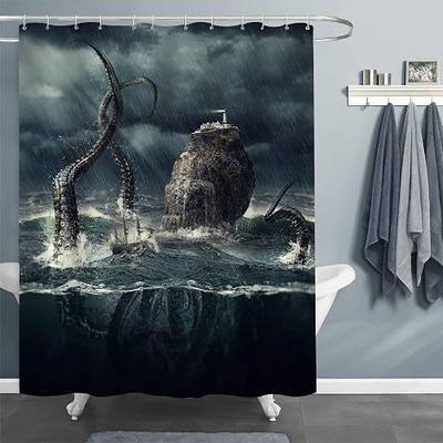 MitoVilla Sailboat Encountered Disguised Octopus Kraken Shower Curtain, Fierce Battle at Stormy Ocean Artwork Bathroom Accessories for Nautical Home Decor, Octopus Gifts for Men, Boys, 72" W x 72" L