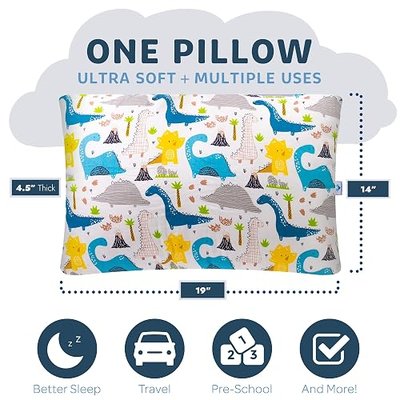 Pharmedoc Little Garoo Toddler Pillow, Kids First Pillow, Dinosaur, 14x19 Baby Pillows for Sleeping, Safe Built-in Pillowcase, Machine Washable, Boys, Girls, Toddler Bed and Travel Pillow