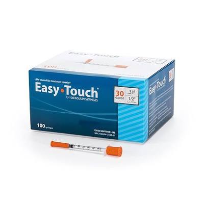 EasyTouch U-100 Insulin Syringes (30G 0.3cc 1/2") - 100ct. | Polybag, 30 Unit Capacity, 1/2" Needle Length, Bold Markings for Accurate Dosing, Disposable, Box of 100