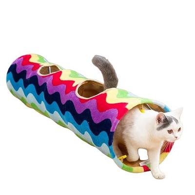 Cat Tunnel -Straight-Shaped, Rainbow Wave Color, Soft Velvet Exterior, Oxford Fabric Fog-Proof Interior, Plush Toy Ball, Easily Washable, Conveniently Foldable, 47.2in/120cm