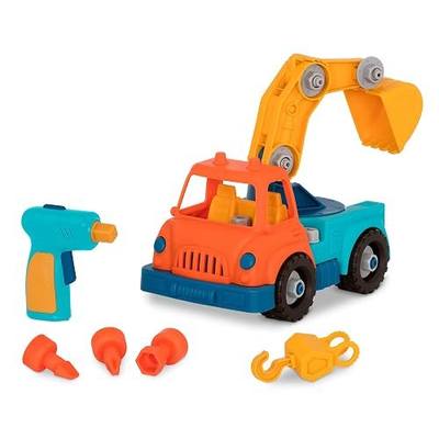 Battat Wonder Wheels Crane Truck with Toy Drill, 31 Pieces, Vehicles, Take | 31-piece crane truck with toy drill, 3 bits, nuts and bolts, hook and shovel attachments, movable parts, Vehicles, 3+ Years