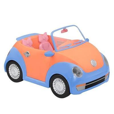 Glitter Girls Convertible Car for 14-Inch Dolls, 2-Seater, Blue Pink | Blue, orange, and pink doll convertible with opening doors, rolling wheels, trunk storage, cupcake holders, 14, 3+ Years