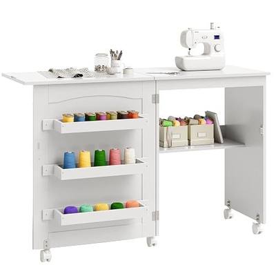 Giantex Folding Sewing Craft Table, Sewing Cabinet with 3 Storage Bins and Shelf, Rolling Craft Station Sewing Machine Work Desk with Lockable Wheels for Apartment Small Spaces, White