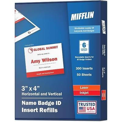 Mifflin-USA Name Badge Inserts, 3"x4" or 4"x3" Badge Inserts (300 Cardstock Refills, 50 Sheets), Compatible with Inkjet, Laser Printer, and Printable Sheets
