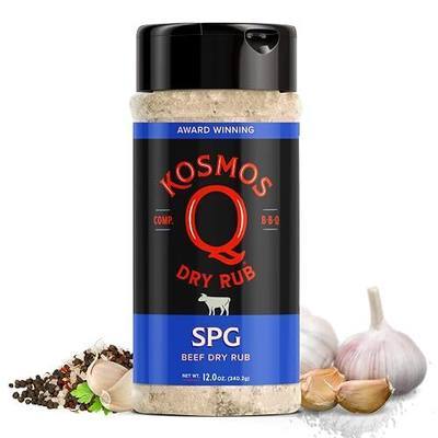 Kosmos Q SPG BBQ Dry Rub, Bold Salt Pepper Garlic Blend with Organic Cane Sugar, BBQ Seasoning for Brisket, Chicken, Steak, Ribs, Pork, Seafood & Veggies, Meat Rub for Smoking & Grilling, 12 Oz Shaker